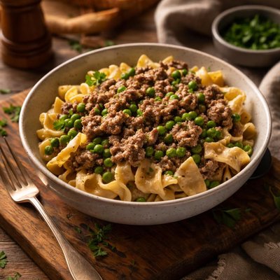 Image of Easy Ground Beef Mock Stroganoff with Peas