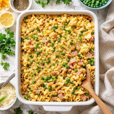 Image of Easy Ham and Cheese Noodle Bake with Peas