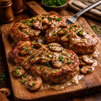 Image of Easy Pan Pork Chops and Mushrooms with Gravy