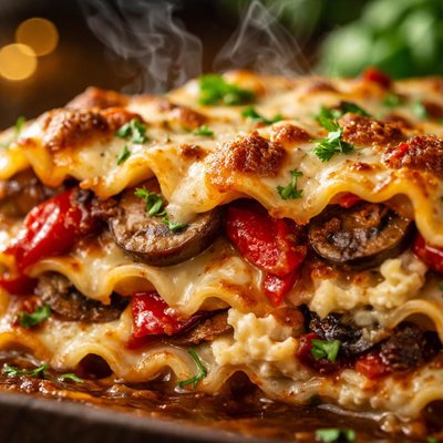 Image of Easy Roasted Red Pepper and Mushroom Lasagna