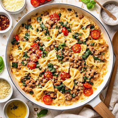 Image of Easy Sausage Tomato Farfalle Bow Ties in Cream Sauce