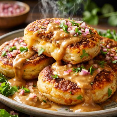 Image of Ecuadorean Potato Cakes with Peanut Sauce Llapingachos