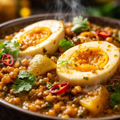 Image of Egg and Lentil Curry with Coconut and Pickled Lime