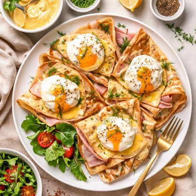 Image of Egg Ham and Cheese Crepes Benedict