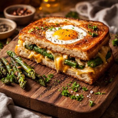 Image of Egg in a Basket Grilled Cheese with Asparagus