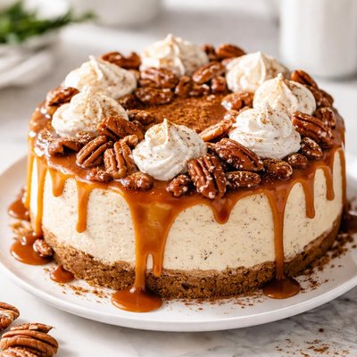 Image of Eggnog Cheesecake with Pecan Caramel Sauce