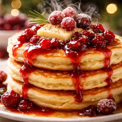 Image of Eggnog Pancakes with Cranberry Sauce