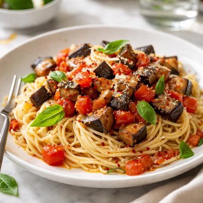 Image of Eggplant and Diced Tomatoes Over Angel Hair