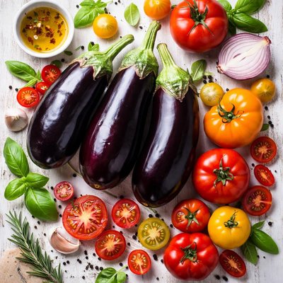 Image of Eggplant Aubergine and Tomatoes
