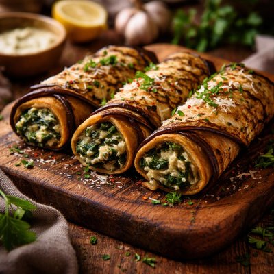 Image of Eggplant Aubergine Crepes with Spinach Filling