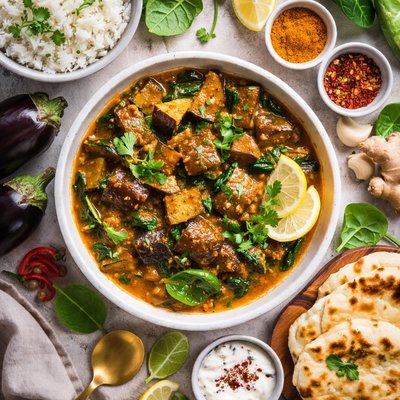 Image of Eggplant Aubergine Spinach Curry