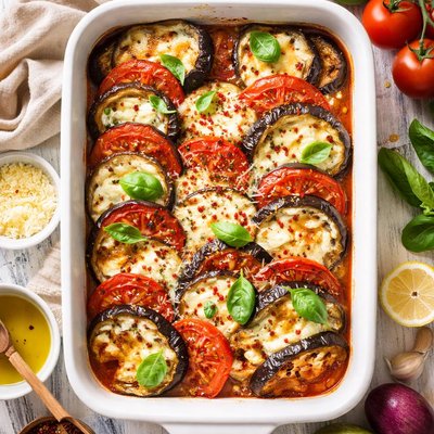 Image of Eggplant Aubergine Tomato and Cheese Bake