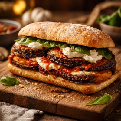 Image of Eggplant Parmesan with Goat Cheese Sandwich