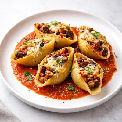 Image of Eggplant Salami Cheese Stuffed Shells W Red Pepper Sauce