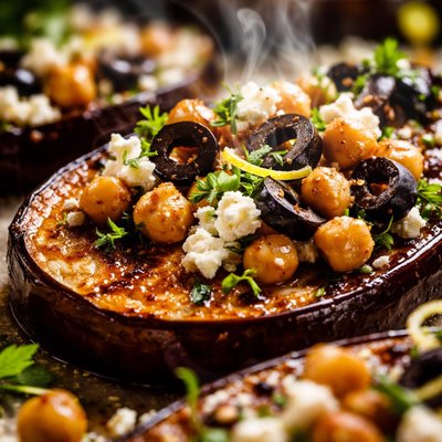 Image of Eggplant Steaks with Chickpeas Feta Cheese and Black Olives