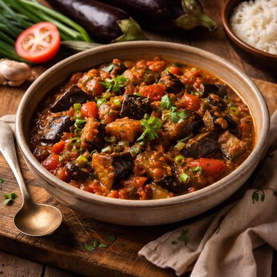 Image of Eggplant Tomato and Green Onion Curry