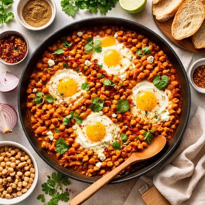 Image of Eggs and Chickpeas in Spicy Tomato Sauce