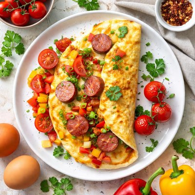 Image of Eggs and Sausage Omelet with Tomatoes and Peppers
