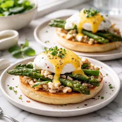 Image of Eggs Benedict with Asparagus and Crab