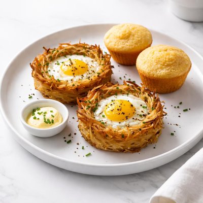 Image of Eggs in Hash Nests with Corn Muffins