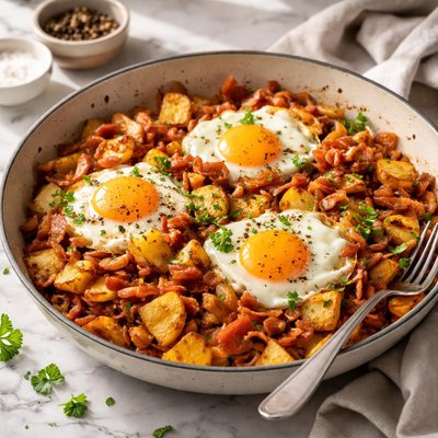 Image of Eggs with Bacon Onions and Potatoes Hoppelpoppel