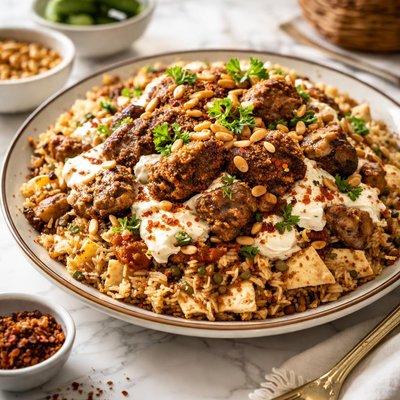 Image of Egyptian Faatah Rice Meat with Crispy Bread on Bottom