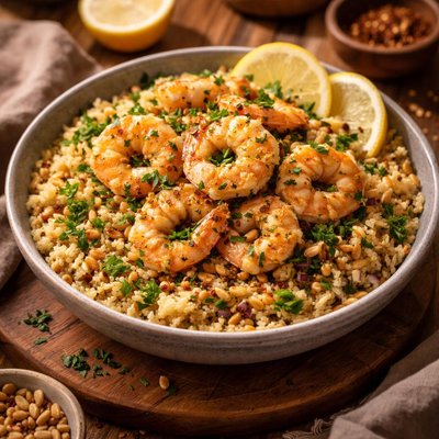 Image of Egyptian Toasted Pine Nut Couscous with Garlic Shrimp