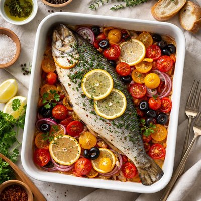 Image of Elegant Baked Fish with Tomato and Lemon