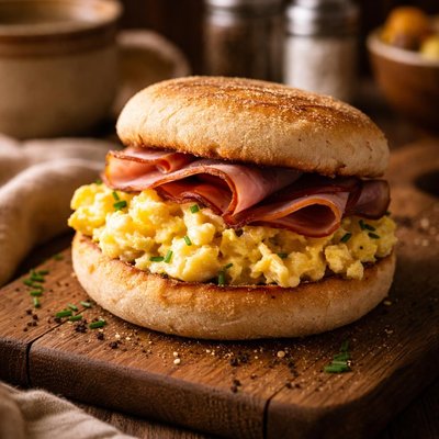 Image of English Muffin with Scrambled Egg and Ham