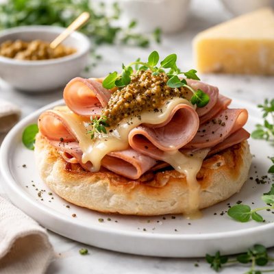 Image of English Muffin with Wafer Thin Ham Gruyere and Mustard