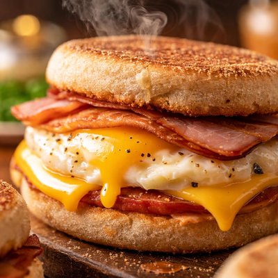 Image of English Muffins with Eggs Cheese and Ham