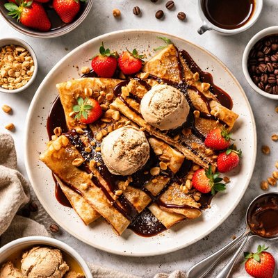 Image of Espresso Crepes with Coffee Ice Cream and Dark Chocolate Sauce