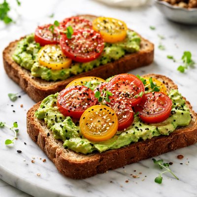 Image of Tostada de Ezekiel sin gluten con aguacate y tomate.