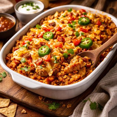 Image of Fajita Chicken and Rice Bake with Nacho Topping