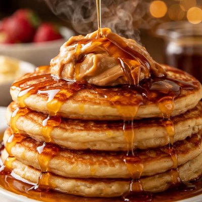 Image of Family Ray Buttermilk Pancakes Homemade Syrup and Peanut Butter