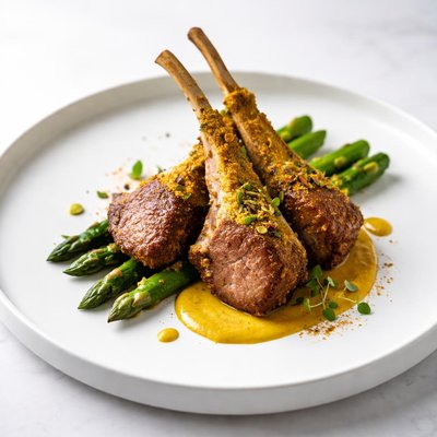 Image of Fancy Curried Lamb Chops with Asparagus Spears