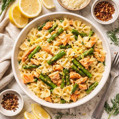 Image of Farfalle Bow Tie Pasta with Smoked Salmon and Asparagus