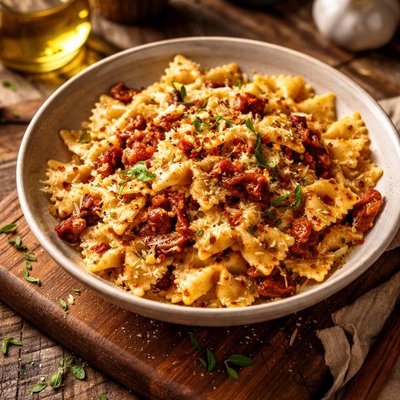 Image of Farfalle in a Sun Dried Tomato Garlic and White Wine Sauce