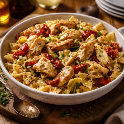 Image of Farfalle with Chicken Sun Dried Tomatoes and Artichokes