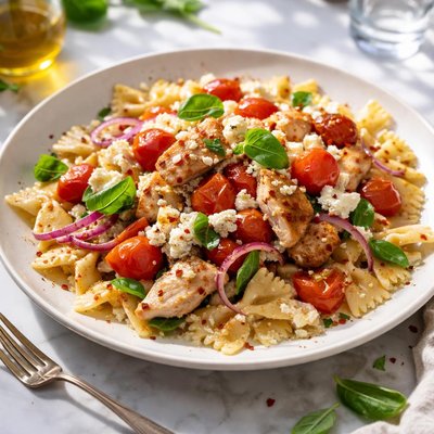 Image of Farfalle with Chicken Tomatoes Onions Goat Cheese