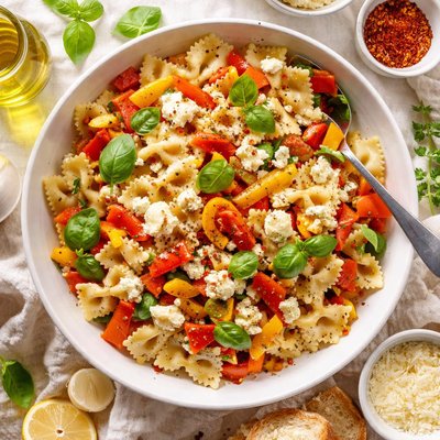 Image of Farfalle with Goat Cheese and Roasted Peppers