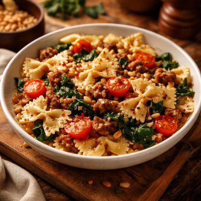 Image of Farfalle with Sausage Pine Nuts Tomatoes Spinach