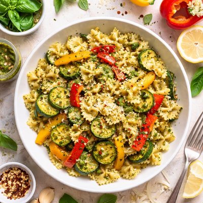 Image of Farfalle Zucchini and Bell Peppers in Pesto