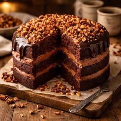 Image of Farmhouse Holidays Double Chocolate Praline Fudge Cake