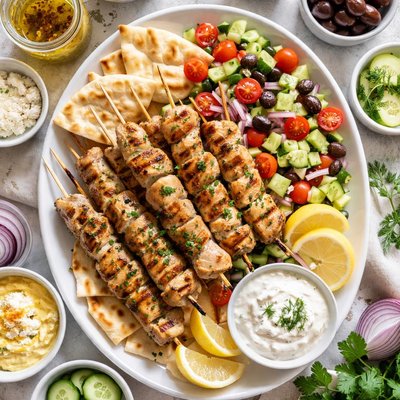 Image of Fast and Easy Chicken Souvlaki with Greek Dressing