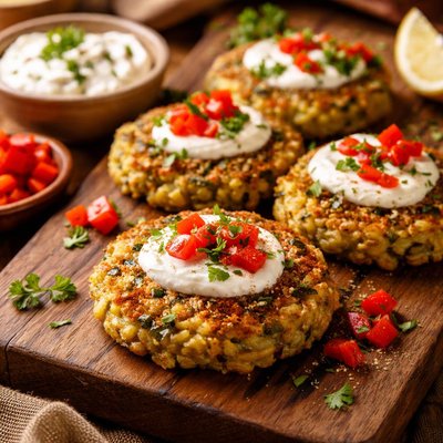 Image of Fava Bean Cakes with Diced Red Peppers and Yogurt