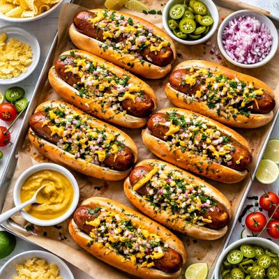 Image of Feisty Mustard Topped Hot Dogs