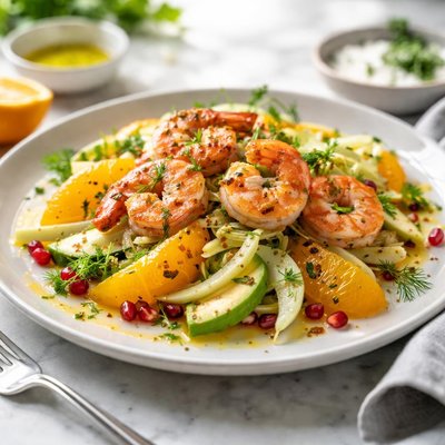 Image of Fennel and Orange Salad Topped with Prawns Shrimp
