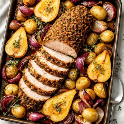 Image of Fennel Crusted Pork Loin with Roasted Pears Potatoes and Onions