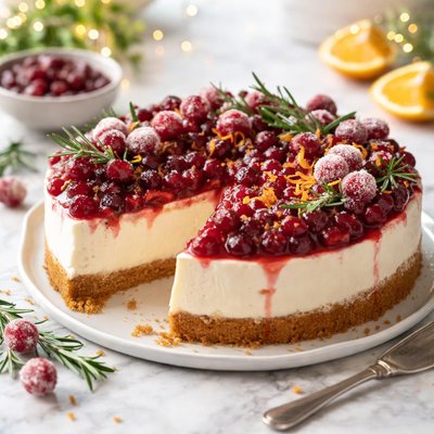Image of Festive Creamy Cheesecake with Tangy Cranberry Topping